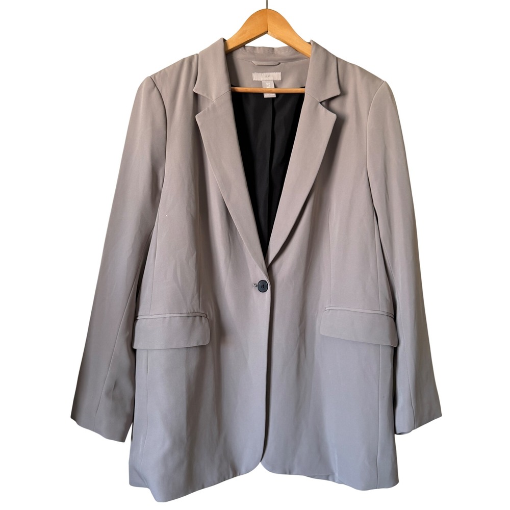 H&M Blazer Single-Button Oversized Polyester Blend Large Taupe Professional